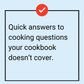 A red check mark hovers over text reading, Quick answers to cooking questions your cookbook doesn’t cover, set against a light blue background. Product: Handy Kitchen Reference: Cooking Cheat Sheet Booklet by The Boat Galley.