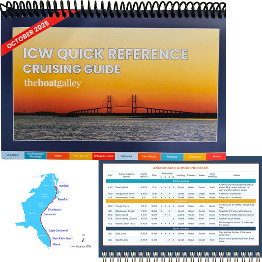 Front cover and inside page of the ICW Quick Reference Cruising Guide, showing the table format, and a map of the area covered