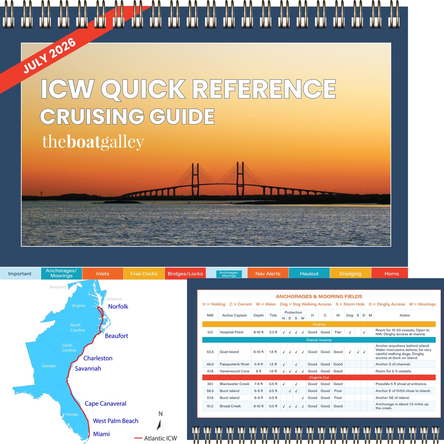 Front cover and inside page of the ICW Quick Reference Cruising Guide, showing the table format, and a map of the area covered