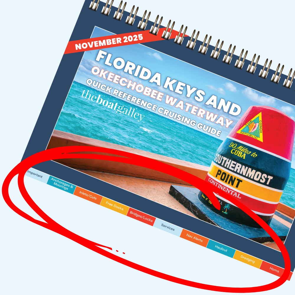 The topic tabs in the Florida Keys and Okeechobee Waterway cruising guide: Anchorages, Inlets, Free Docks, Bridges and Locks, Services, Nav Alerts, Haulouts, Dredging, and Horns.