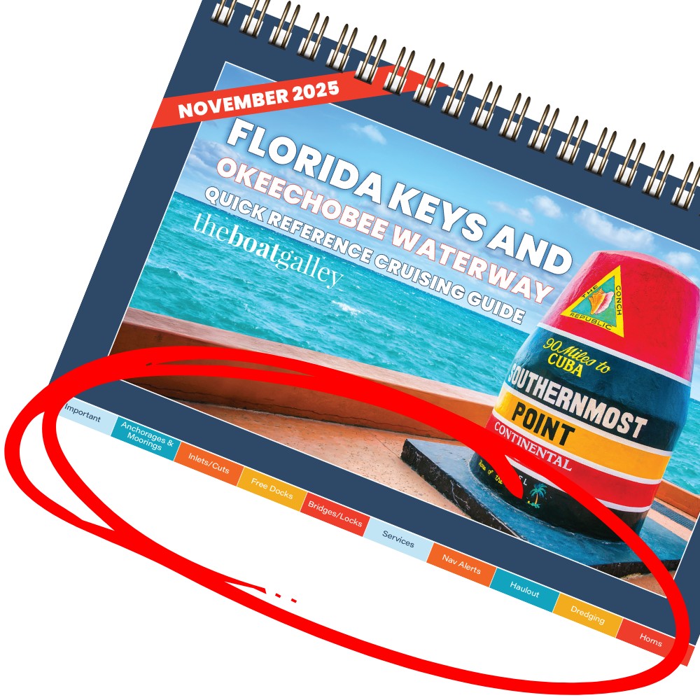 Step one of using the guide: choosing a topic tab such as Anchorages, Services, or Bridges in the Florida Keys and Okeechobee Waterway Quick Reference cruising guide.