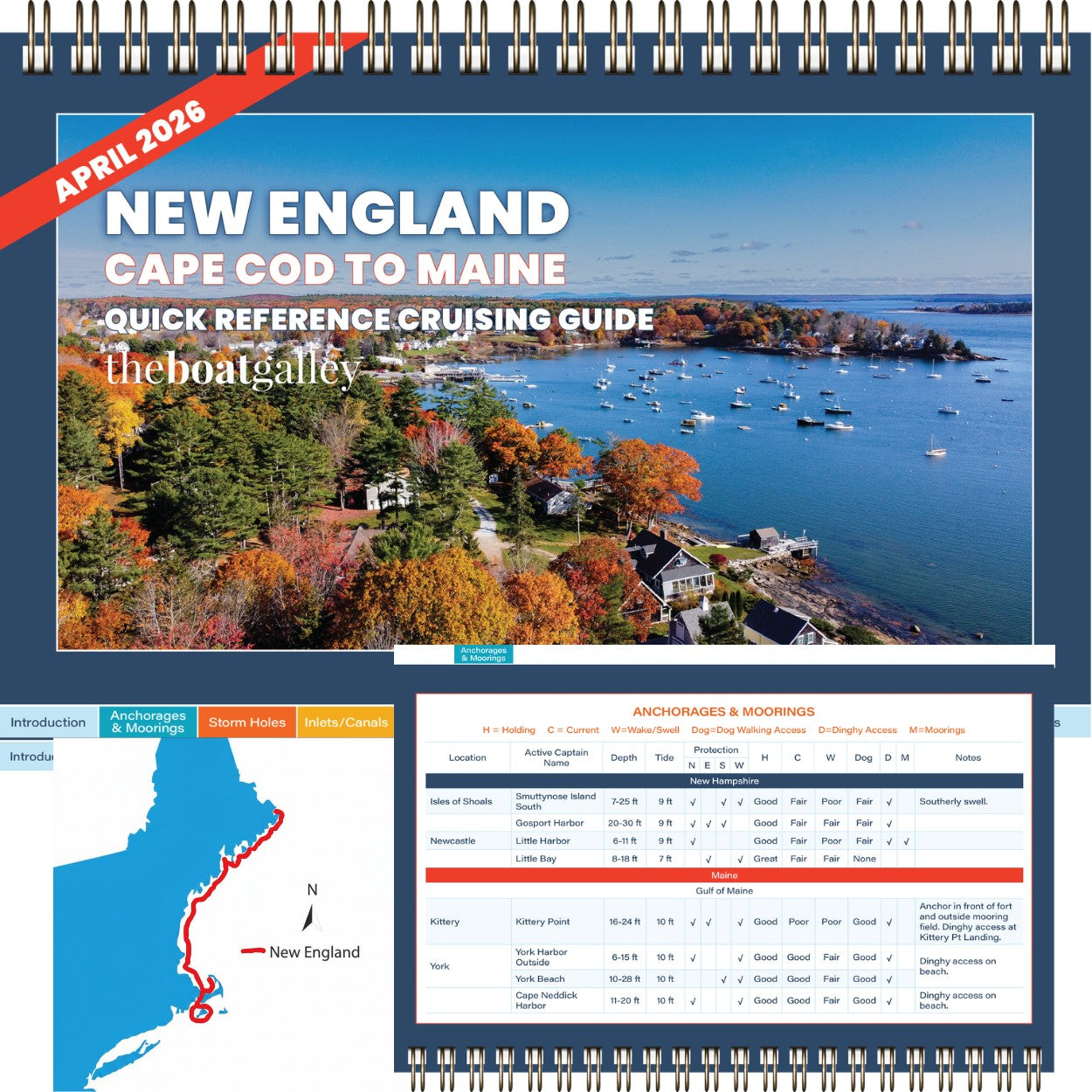 The Boat Galley’s New England Cruising Guide (April 2026) cover shows a coastal aerial view, coverage map, and a boaters’ quick reference table with anchorages, moorings, and navigation info.