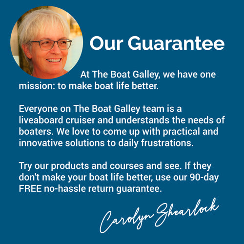 Image of a woman with short gray hair and glasses smiling against a blue background. Text reads: Our Guarantee. 90-day FREE no-hassle returns. Signature of Carolyn Shearlock at the bottom.