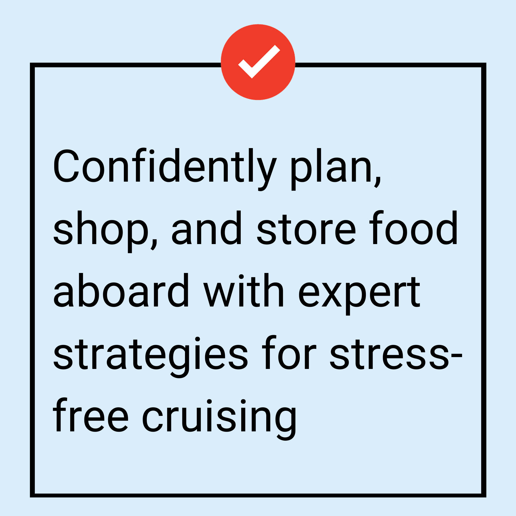 Tile for Provisioning, Meal Planning, and Food Storage course, showing boaters how to plan meals, provision efficiently, and prevent food waste on a boat.