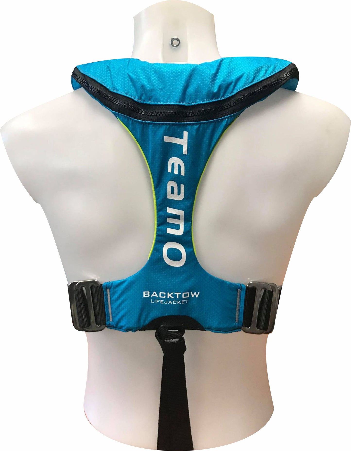 A mannequin torso wears the TeamO PFD with BackTow™ - Coastal Blue UML Mark 5i by Cruising Solutions, shown from the back. The flotation device features two black buckles and white brand and model text, ideal for coastal sailing.