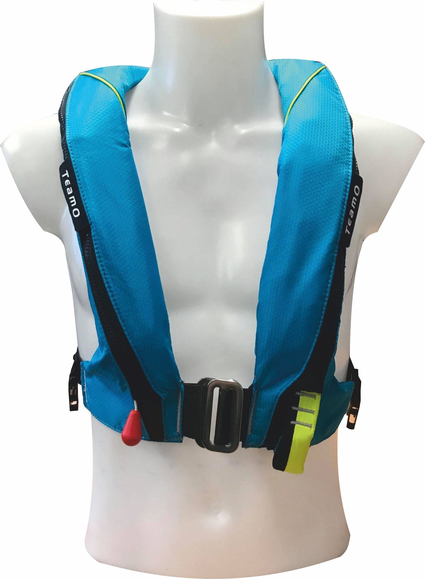 The Cruising Solutions TeamO PFD with BackTow™ - Coastal Blue UML Mark 5i is shown on a white mannequin torso, featuring black straps, a red pull tab, and yellow detailing—ideal for coastal sailing.