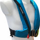 The Cruising Solutions TeamO PFD with BackTow™ - Coastal Blue UML Mark 5i, featuring a front zipper, black strap, metal buckle, and red pull tab for coastal sailing, is shown on a white mannequin torso.