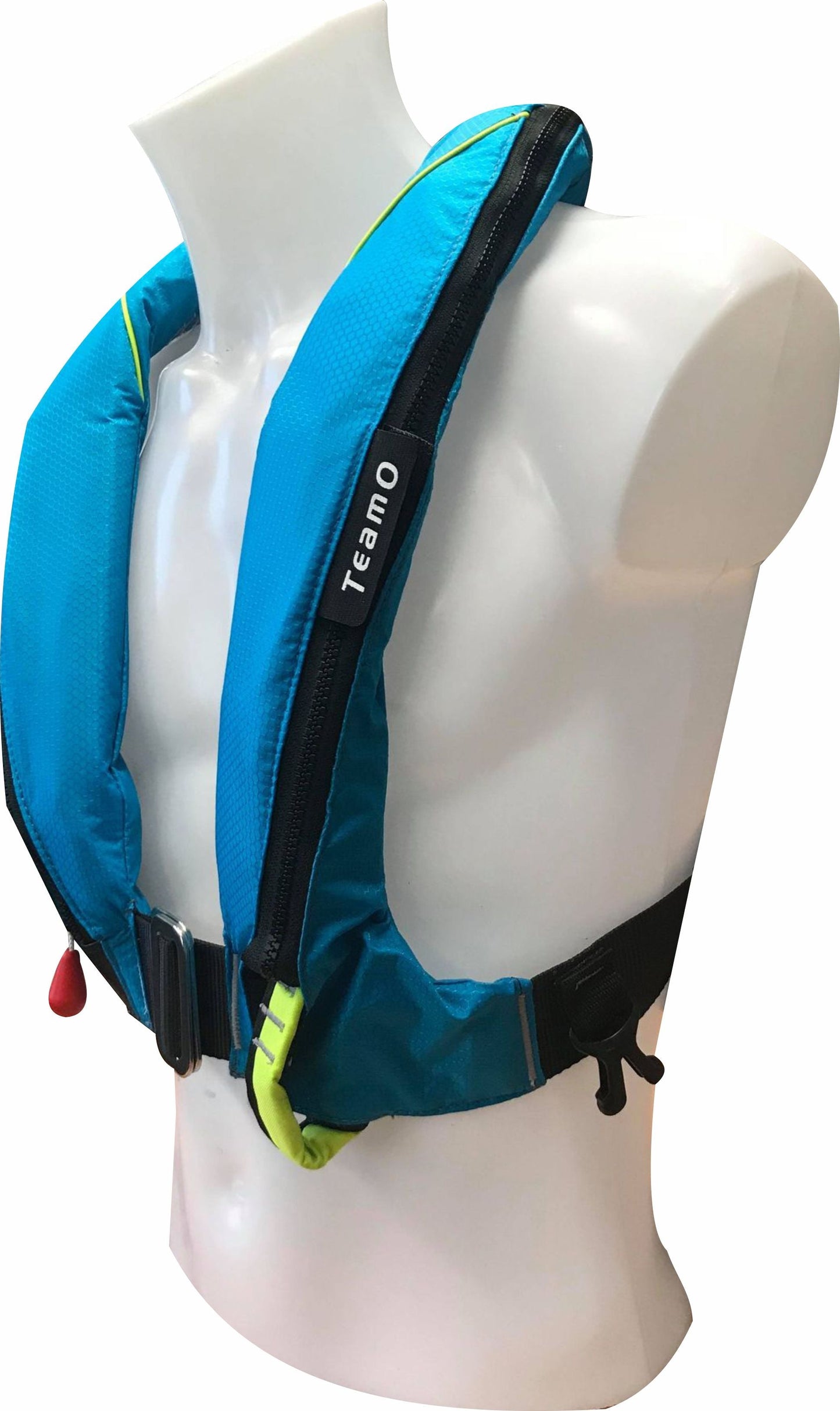 The Cruising Solutions TeamO PFD with BackTow™ - Coastal Blue UML Mark 5i features black straps, a buckle, and is shown on a white mannequin. "TeamO" branding is visible—ideal for coastal sailing personal flotation safety.