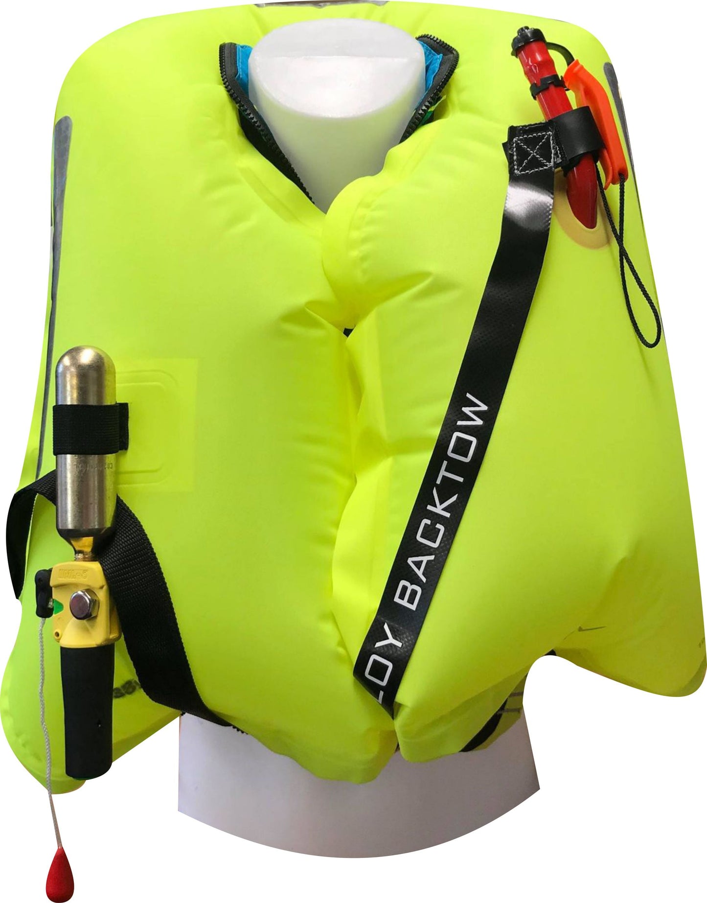 A blue TeamO PFD with BackTow™, displayed on a white mannequin and featuring a CO2 cartridge, whistle, pull cord, and UML Mark 5i inflator from Cruising Solutions—ideal for coastal sailing.