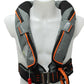 A Cruising Solutions TeamO PFD with BackTow™—Offshore Grey Hammar is shown on a white mannequin. It features BackTow™ Technology, safety buckles, harness, visible labels, orange trim, and a red pull tab.
