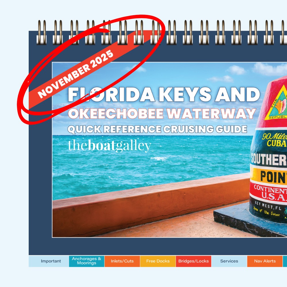 A calendar page features a cover for the Florida Keys and Okeechobee Waterway Cruising Guide with November 2025 in white text inside a large red oval at the top left. A navigation key runs along the bottom.