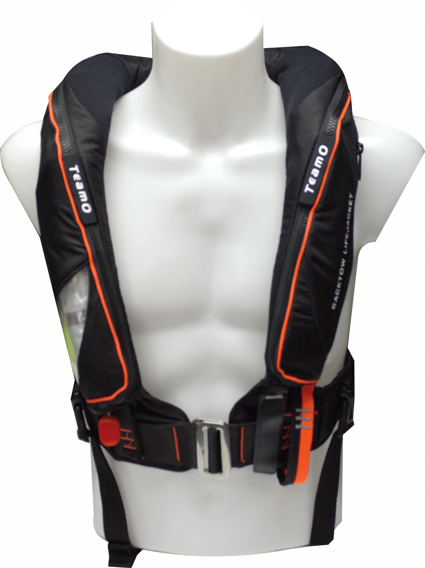 The Cruising Solutions TeamO PFD with BackTow™ - Offshore Black ProSensor Elite, in black and orange, is shown on a white mannequin torso with adjustable straps, front buckle, and BackTow Technology for offshore safety.