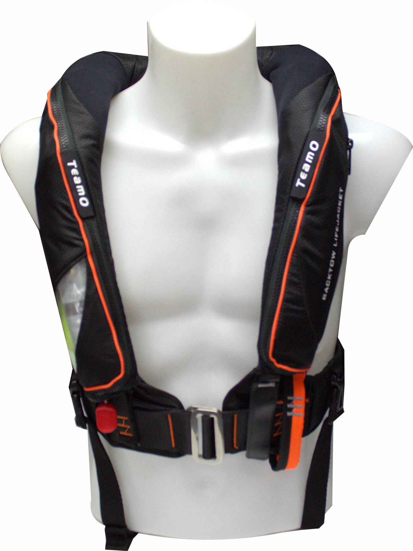 A mannequin torso displays the Cruising Solutions TeamO PFD with BackTow™ - Ocean Black ProSensor Elite, featuring orange trim, a silver buckle, and a red release at the front.