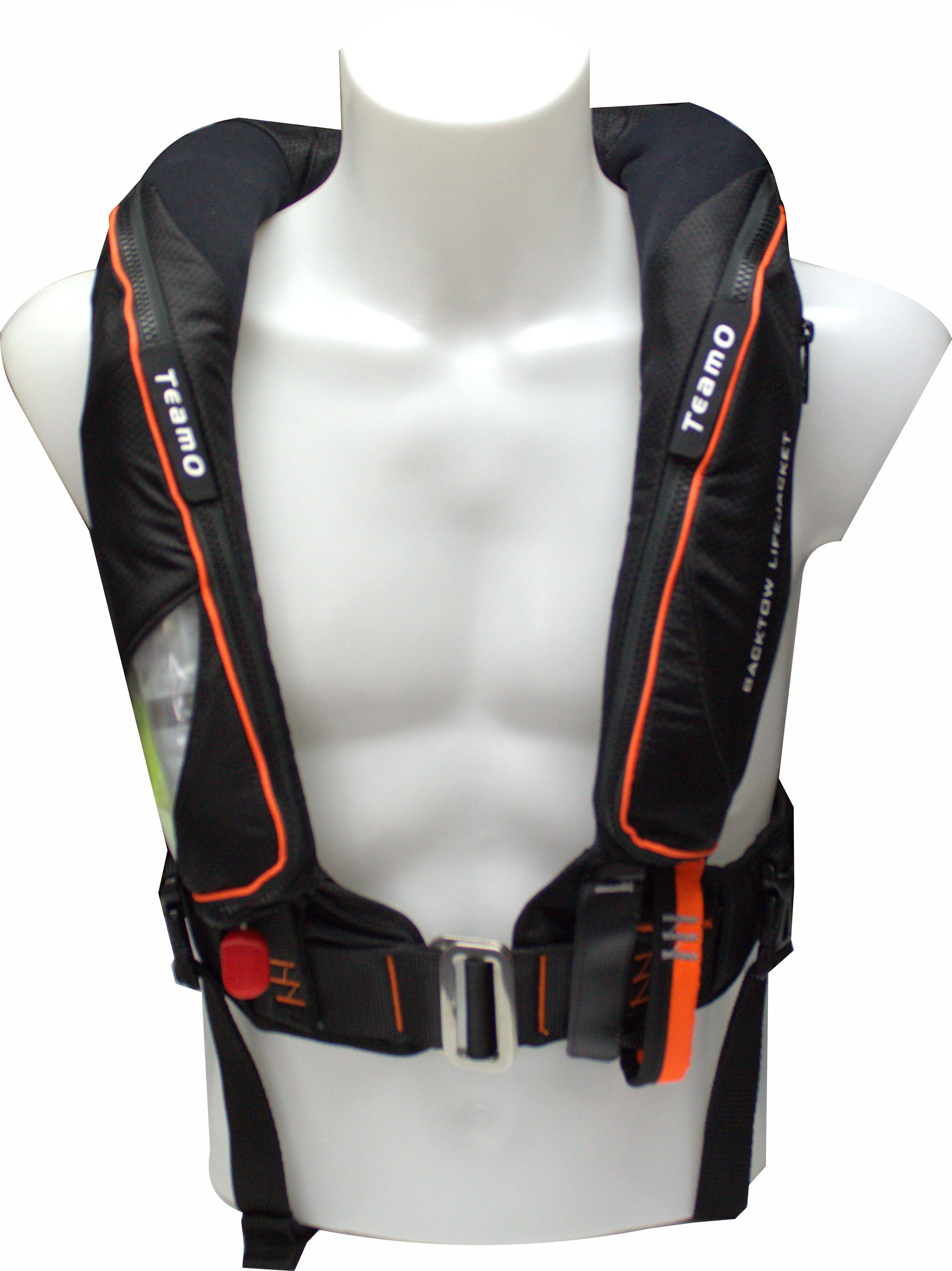 A grey TeamO PFD with BackTow™ Technology by Cruising Solutions is shown on a white torso mannequin. The Offshore Grey Hammar features visible straps, buckles, and the TeamO brand name printed on each side.