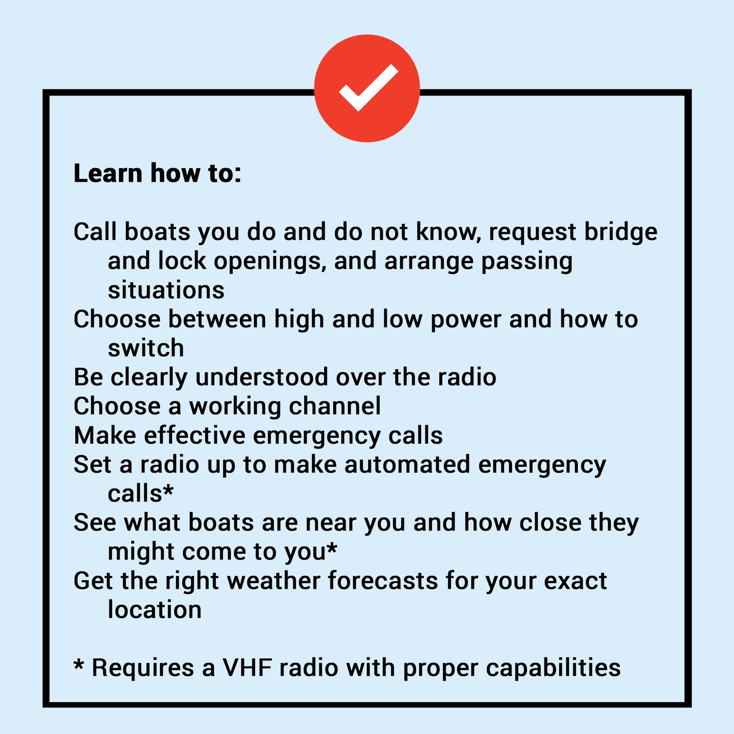 The image shows a checklist titled Learn how to: with lessons from The Boat Galleys course, VHF Radios: Everything You Need To Know, including making calls, choosing channels, and setting up automated emergency calls for confident marine communication and safety.