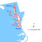 The All-Chesapeake Bay Cruising Guide by The Boat Galley highlights Chesapeake Bay in red, covering Maryland and Virginia. Major cities like Baltimore, D.C., and Norfolk are labeled, with a c