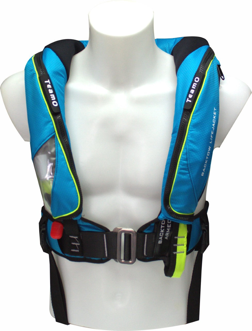 The Cruising Solutions TeamO PFD with BackTow™ - Offshore Blue Hammar, shown on a white mannequin, features blue and black colors with yellow-green trim, adjustable straps, front buckle, and advanced marine safety for offshore use.