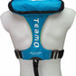 The Cruising Solutions TeamO PFD with BackTow™ - Offshore Blue Hammar is shown on a white mannequin torso, featuring black shoulder, waist, and crotch straps—viewed from the back—an ideal offshore inflatable lifejacket.