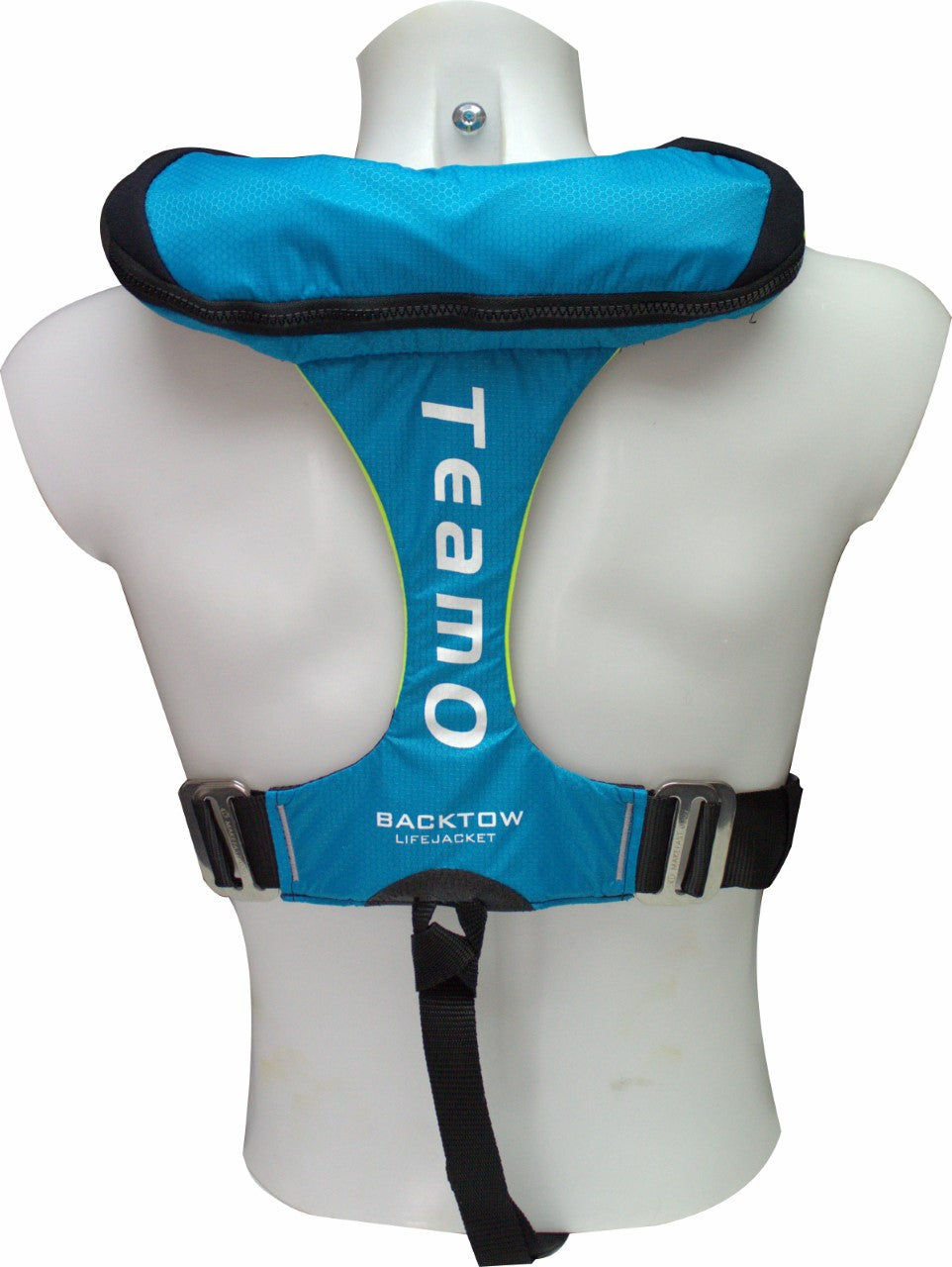 The Cruising Solutions TeamO PFD with BackTow™ - Offshore Blue Hammar is shown on a white mannequin torso, featuring black shoulder, waist, and crotch straps—viewed from the back—an ideal offshore inflatable lifejacket.