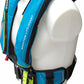 The Cruising Solutions TeamO PFD with BackTow™ - Offshore Blue Hammar, in blue and black with neon green accents, is displayed on a white mannequin torso. It features adjustable straps, buckles, and a marine safety harness for secure fit.