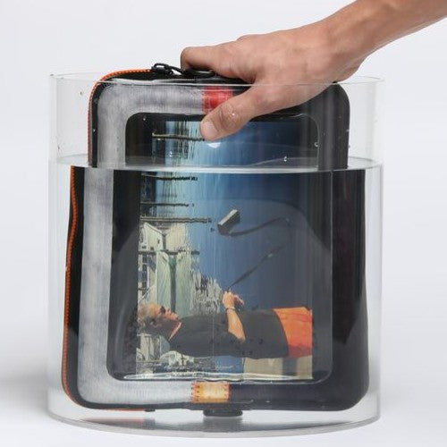 Ugo waterproof tablet case with tablet inside being held down in a container of water