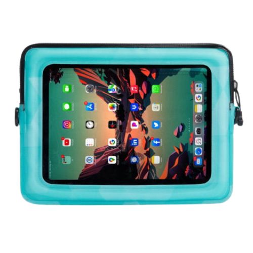 Tablet with a colorful display inside a turquoise Ugo waterproof case on a white background