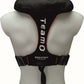 A white mannequin torso displays the Cruising Solutions TeamO PFD with BackTow™ – Offshore Black ProSensor Elite, featuring white and red accents, adjustable straps, and advanced BackTow Technology for offshore safety.