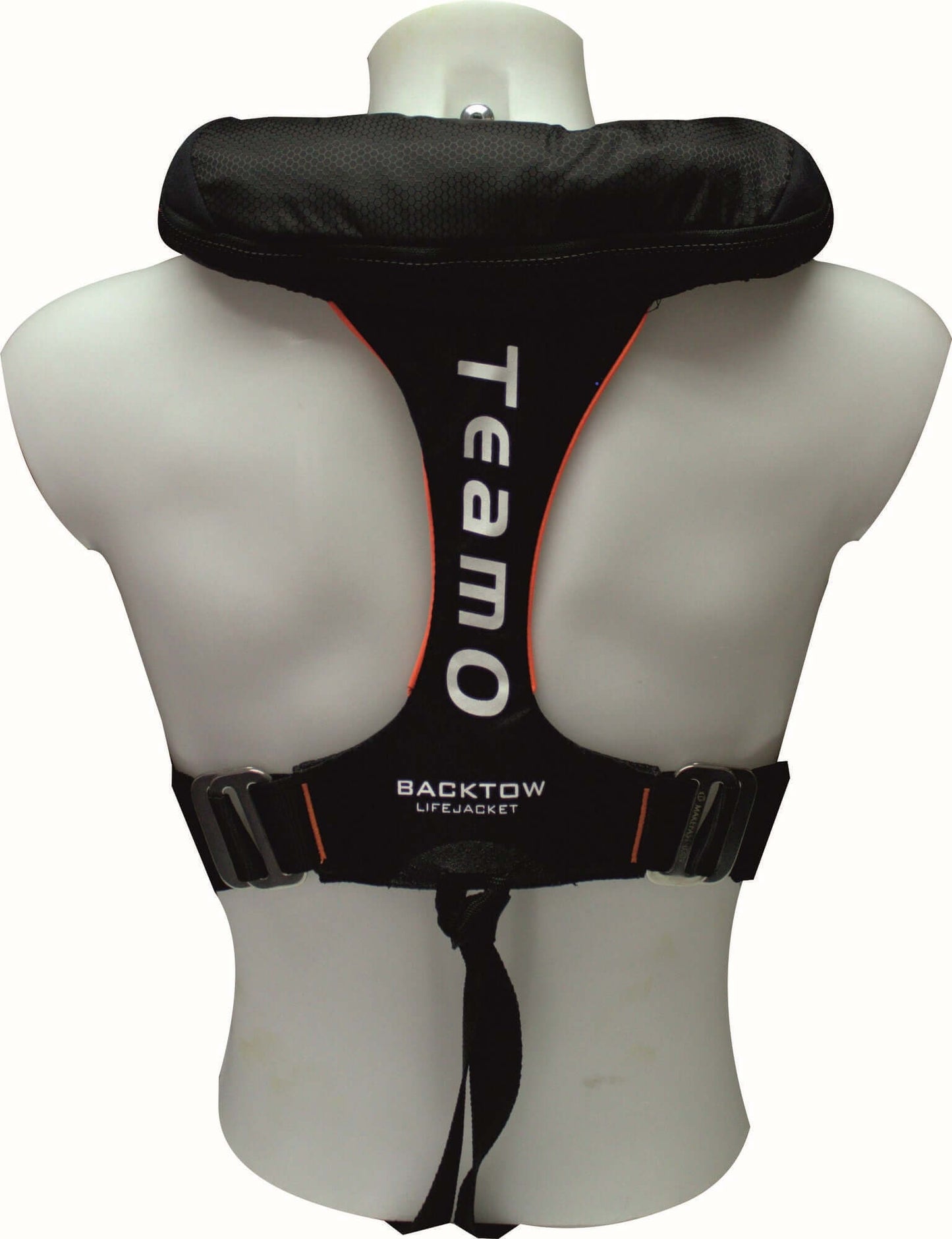 A white mannequin torso displays the Cruising Solutions TeamO PFD with BackTow™ – Offshore Black ProSensor Elite, featuring white and red accents, adjustable straps, and advanced BackTow Technology for offshore safety.